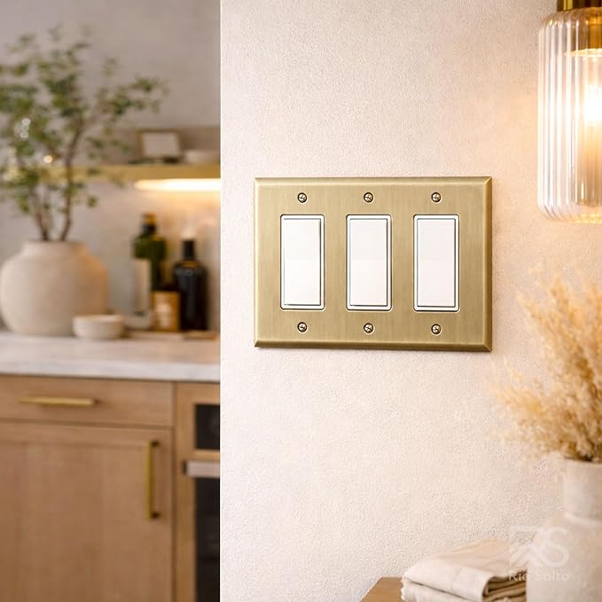 Rio Salto BRASS Signature Collection Midsize Antique Gold Triple Rocker Light Switch Wall Plate Outlet Cover Decorator Receptacle Wallplate Covers Matte Gold Metal (Rocker, 3-Gang)