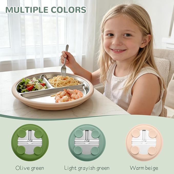 SPMKTQK 3Pack Sainless Steel Kids Plates with Suction, 8.1??Divided Toddler Baby Plates with Removable Silicone Sleeves BPA Free Non-Slip 2-in-1 Anti Breakage Metal Toddler Bowls