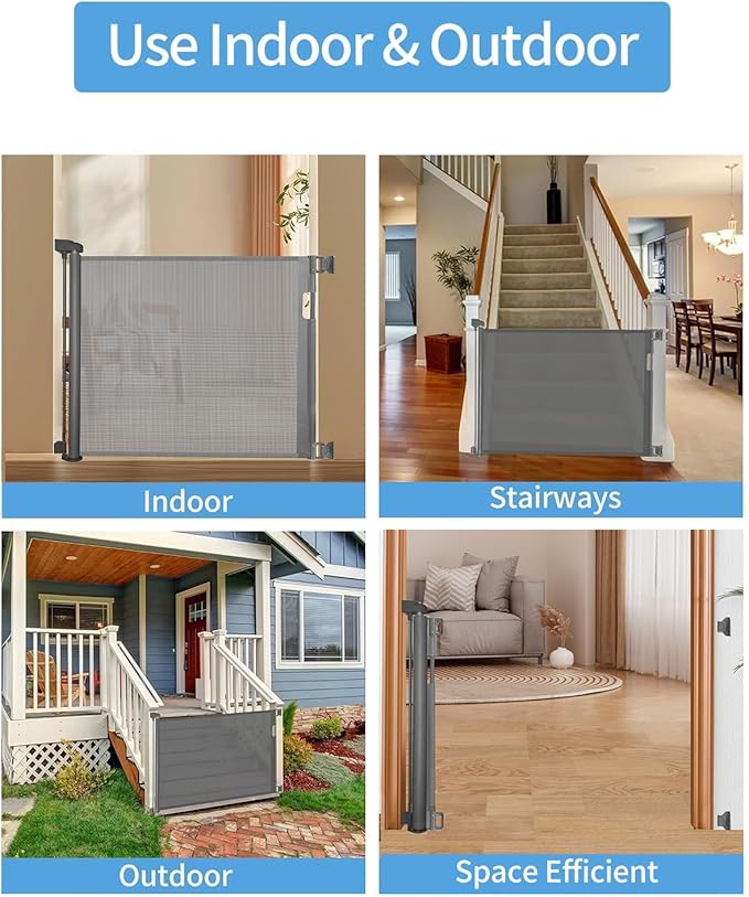 2-Pack Retractable Baby Gate for Stairs-33”Height, Expands up to 55”Width-Safety Gate for Infants, Toddlers, Dogs & Pets-Easy Install, Secure Closure, Gray Mesh Design for Indoor & Outdoor Use