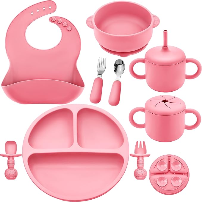 Bufims Silicone Baby Feeding Set, Baby Led Weaning Supplies, Eating Essentials Utensils with Suction Plate and Bowl, Pocket Bib, Sippy Cup with Lid, Forks Spoons Snack Container, for 6+ Months, Pink