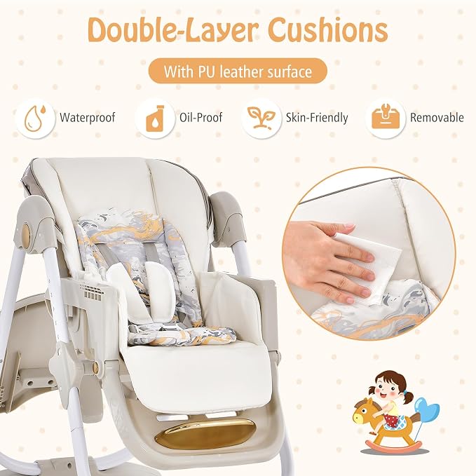 BABY JOY High Chair, Foldable Baby High Chair with Adjustable Height, Backrest & Footrest, Double Removable Tray, Portable High Chair with Wheels for Babies & Toddlers of 6-36 Months