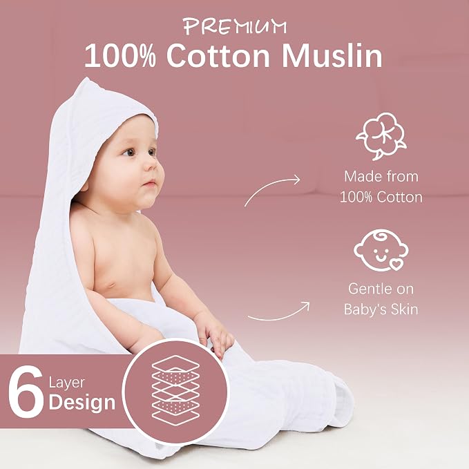 MOON PARK 2 Pack Muslin Hooded Baby Bath Towels for Newborns, Infants, Toddlers - 100% Cotton - Large 32x32Inch Size - Highly Absorbent and Essential, White and Brown