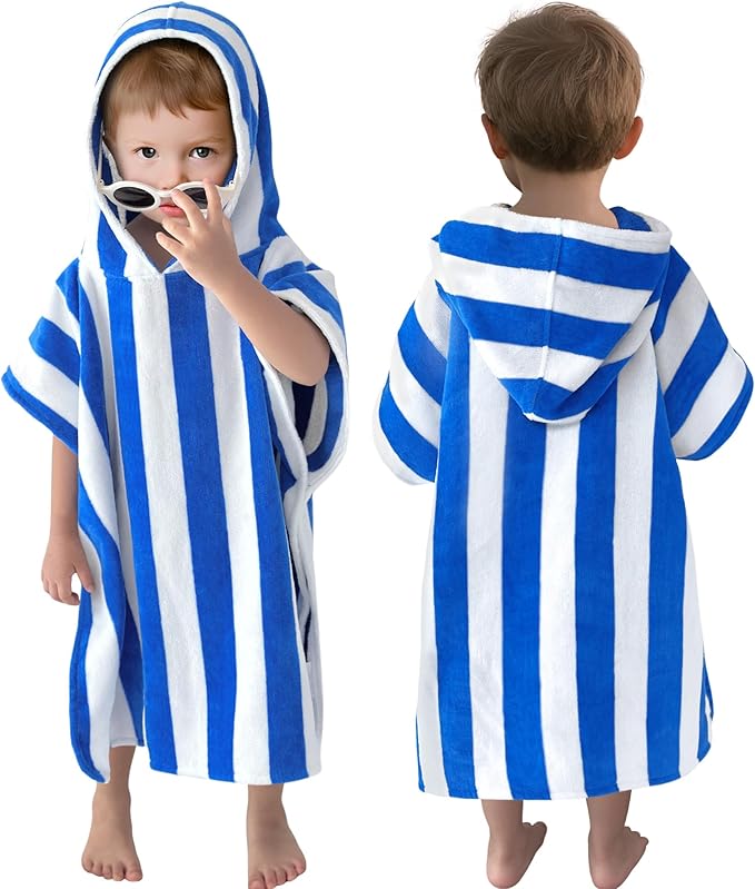 VOOVA & MOVAS Toddler Poncho Towels with Hood, Oversized (2-4Years,22"X22") Made from 100% Soft Cotton,Absorbent Hooded Towels for Baby Boys,Perfect for Pool | Swimming | Bath | Beach,Blue Stripe