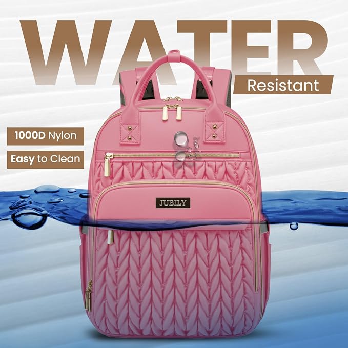 Jubily Diaper Bag Backpack, 30L Travel Backpack for Women, Waterproof Bag with 5 Compartments, 20 Pockets, Laptop & iPad Slots, Portable Changing Pad, Baby Essentials Organizer (Pink)