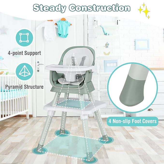 HONEY JOY 8 in 1 Baby High Chair, Convertible Highchair for Babies and Toddlers/Table and Chair Set/Building Block Table/Booster Seat/Stool/Toddler Chair with Safety Harness (Green)