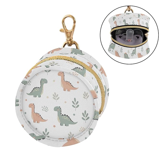 Cute Dinosaur Leaves Dots Baby Pacifier Holder Case with Clip Portable Pacifier Storage Organizer Round Container Pouch Box Fits Diaper Bag Stroller Purse