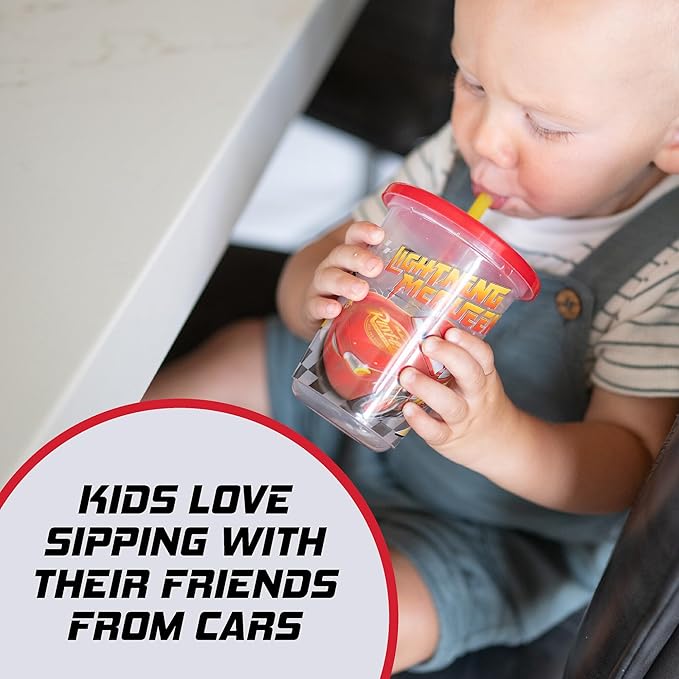 The First Years Cars Take & Toss Toddler Straw Cups Party Pack - Spill Proof Toddler Sippy Cups with Snap-On Lids and Straws - Cars Party Supplies - 10 Oz - 10 Count