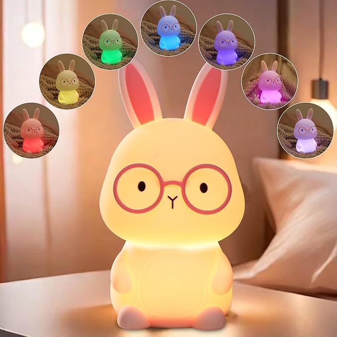 Bunny Night Light for Kids, Soft Silicone Nursery Lamp, 7-Color Glow, 3-Level Dimmable Warm Light, Tap Control, 30Min Timer, Rechargeable, BPA-Free, Easter & Birthday Gift, Baby Room Decor, Pink