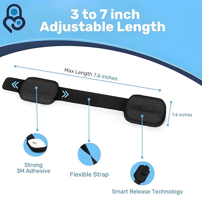 3M Adhesive Child Safety Strap Locks by Baby Proof Me, Baby Latches for Cabinets, Dishwashers, Fridges, Ovens and Trash Cans, Stain Free Toilet Lock (Black, 24 Safety Latches)