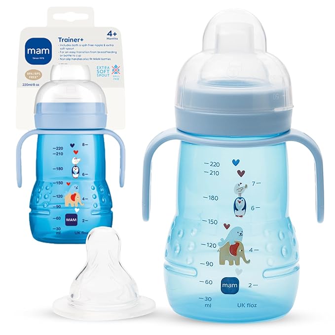 MAM Trainer Sippy Cup for Toddlers 1-3, 8 oz. Transition Drinking Cup with Extra-Soft Spout, Spill-Free Nipple, and Non-Slip Handles, for Boys 4+ Months, 1 Count