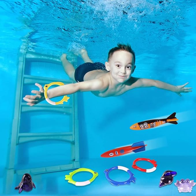 40 Pack Summer Pool Diving Toys for Kids Ages 3-12, Fun Swimming Games Sinking Toy Set, Underwater Gifts with Storage Bag Include Gems Shark Rings Sea Animals for Boys Girls