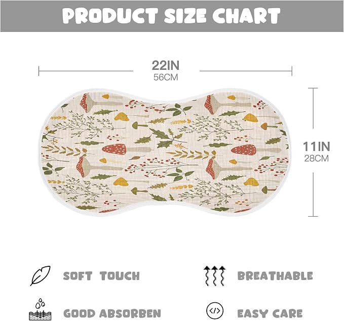 Kigai Baby Burp Cloths 2 Pack, Extra Soft & Absorbent 4-Layer Muslin Cotton Burping Cloths for Newborn Boys Girls, Large 11x22 Inch Curved Shoulder Burp Rags, Cute Mushroom Nursery Design