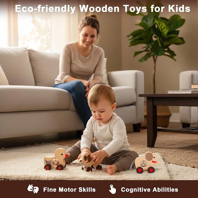 Wooden Animal Rattle with Bell - Baby Toys 6-12 Months & Toddler Toys 1-3 Years | Montessori Sensory Shakers, Nursery Decor Gift Set (Dog, Duck, Elephant)