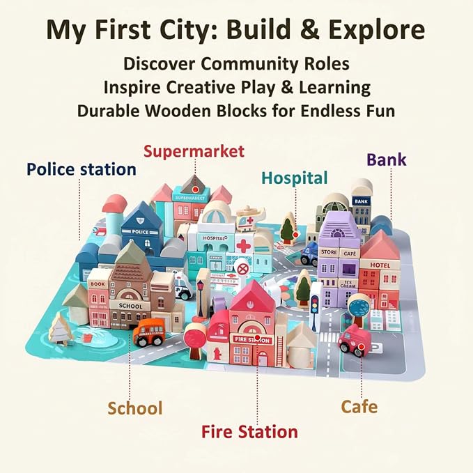 Migargle Wooden Building Blocks Set, 115 Pcs City Construction Stacker Stacking Preschool Learning Educational Toys, Toddler Toys for 3+ Year Old Boy and Girl Gifts