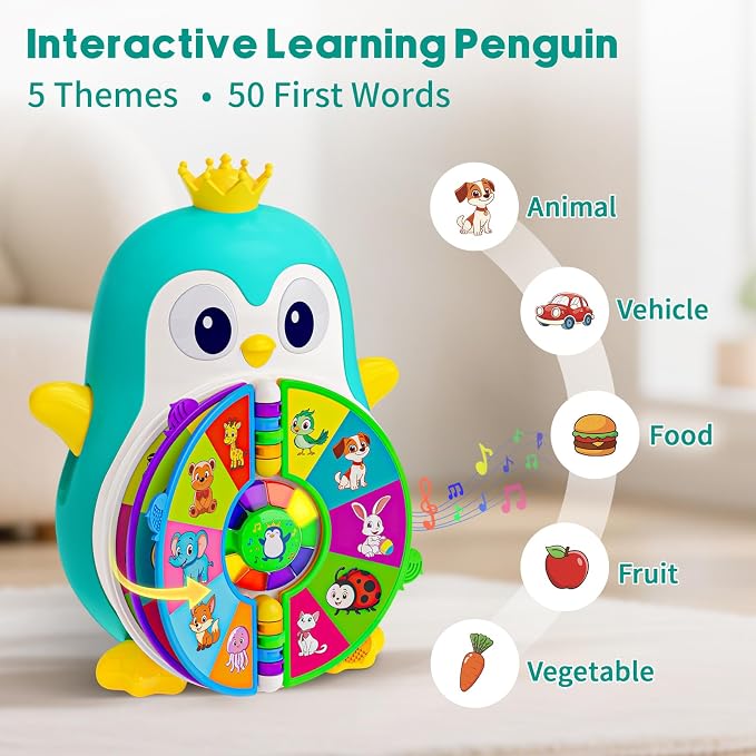 1 Year Old Boy Gifts, Interactive Musical Penguin Toy with Spinning Lights & Sounds,Spanish English Bilingual Talking Learning Toys with 5 Themes & 50 Words, First Birthday Gift for Toddlers 1-3