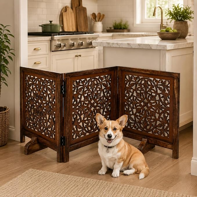 Free Standing Dog Gate – 3 Panel Foldable Wooden Pet Gate Indoor, 60" W x 24" H, Decorative Hand-Carved Wood & MDF Pet Fence for Doorways,Stairs, Portable Indoor Dog Barrier,Natural Burnt Daisy Design