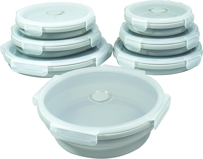 Plus 6PCS Foldable Silicone Food Storage Containers for Kitchen Storage for Leftovers Fruits and Meal Prep Dishwasher Safe Microwave Safe Ideal for Home and Travel (grey, round)