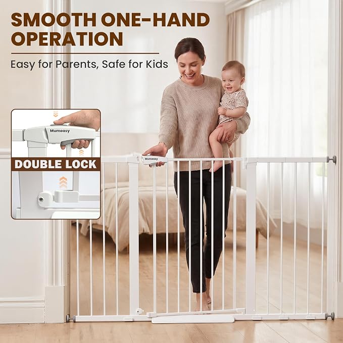 Mumeasy 36" Extra Tall Baby Gate for Doorways, 29.7"-57" Extra Wide Dog Gate for Stairs, Pressure Mounted Auto Close Pet Safety Gate with Easy Walk Thru Door, Large Indoor Child Gate for House, White