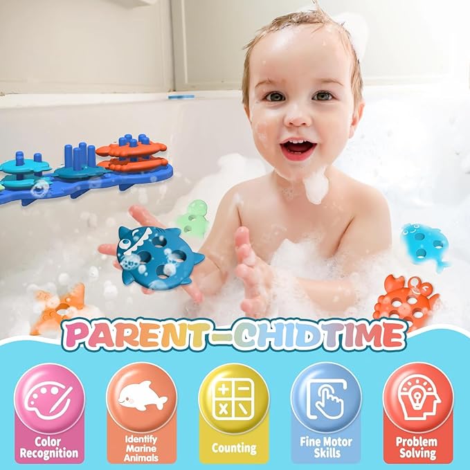 Silicone Baby Bath Toys ??Stackable, Shape-Sorting Floating Set with 10 Mold-Free Textured Pieces, No-Hole Design ??Early Learning Bathtub Toys for Toddlers and Kids
