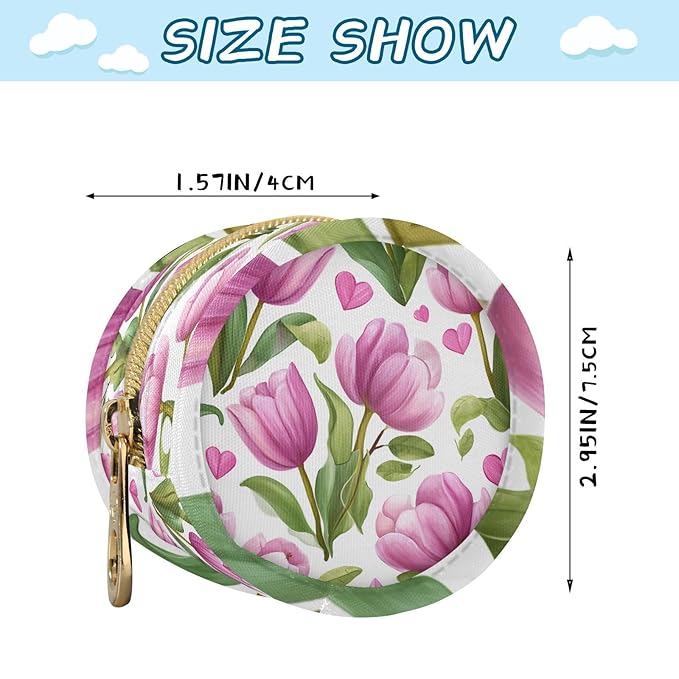 Pacifier Holder with Clip Pacifier Case for Diaper Bag Round Baby Pacifier Pouch Box Bag Portable Romantic Pink Tulips and Hearts