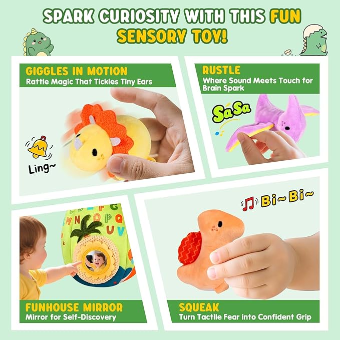 FREYBLI Baby Toys 6-12 Months - Soft Dinosaur Egg Toy with Rattle, Crinkle Paper, Squeaker, Mirror - Montessori Toys for 6 Month Old Developmental, Boy Girl Gifts Baby Easter Basket Stuffers