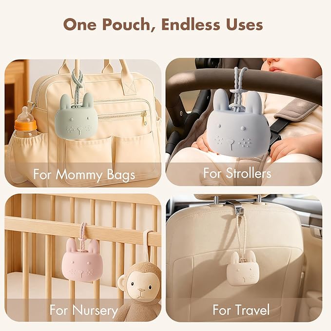 ROCCED Pacifier Holder Case Silicone Bunny Design Pacifiers Pouch with Soft Silicone Strap, Travel Storage for Stroller & Diaper Bag, Pacifier Holder Pouch for Baby, Set of 3 Beige Dusty Green Pink
