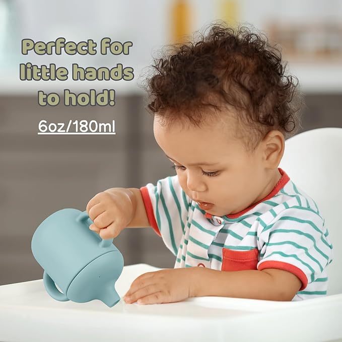 Silicone Baby Drinking Cups, Sippy Cups for 6-12 Months Toddlers - Pack of 2 Food Grade Silicone Traning Cups with Straws and Lids Grip Handle for Baby Led Weaning, 6 oz (Glacier/Plume)