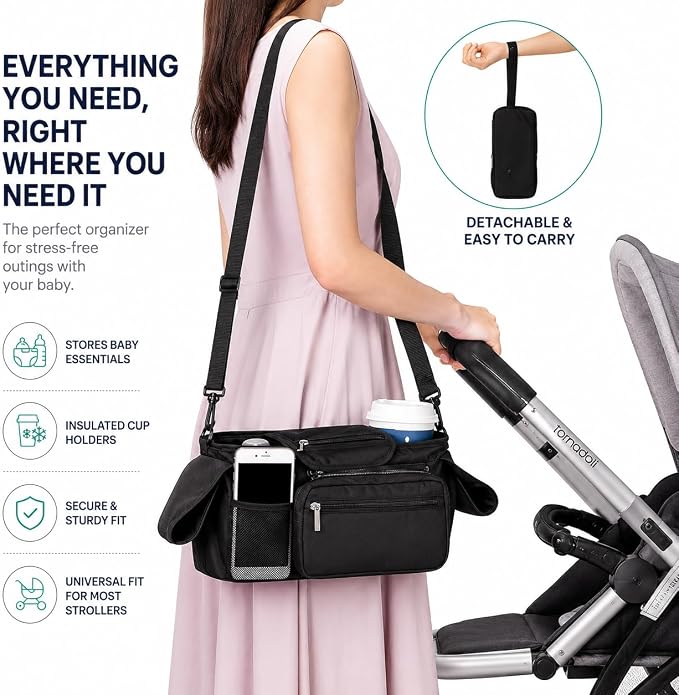 Stroller Organizer with Insulated Cup Holders and Detachable Pouch Universal Stroller Caddy Bag with Phone Pocket and Storage for Baby Essentials and Travel Accessories