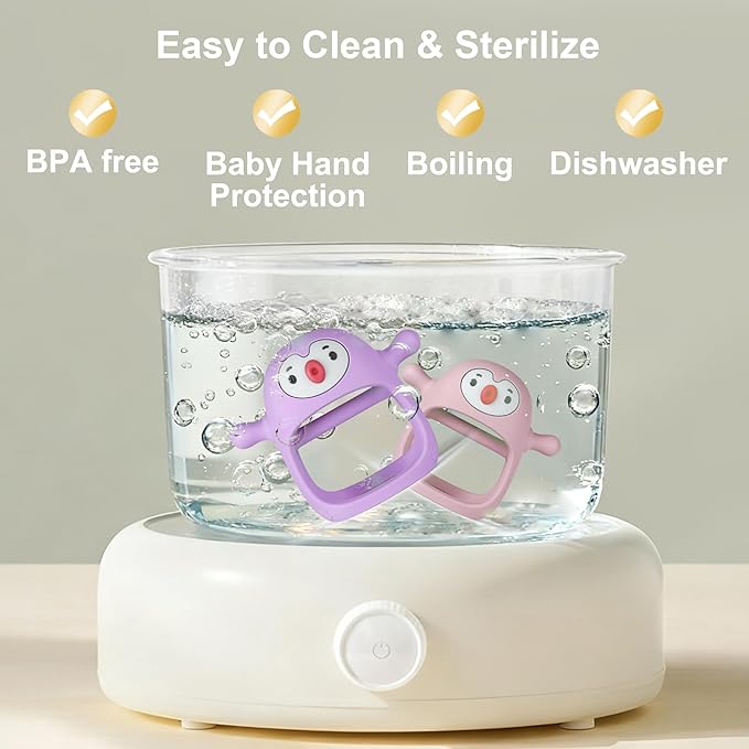 Smily Mia 2pack Penguin Teether for Babies 0-6Month, Infant Teething Toys,Pacifiers for Breastfed Babies, Silicone Teething Mittens for 3-6Months, Perfect Shower Gift+Baby Registry, Pink&Purple
