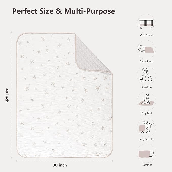 Susurration Baby Blanket for Unisex Boys Girls, 2 Pack Soft Fluffy Crib Blankets with Muslin Cotton Front and Dotted Fleece Back, Receiving Blanket for Baby Newborn Infant, 30x40inch, Beige Star&Grey