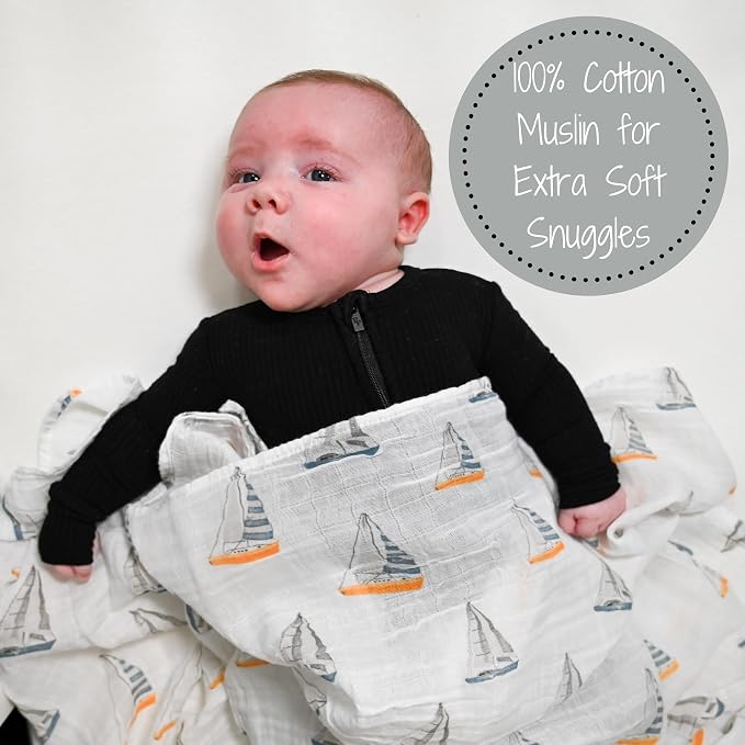 LollyBanks Muslin Swaddle Blankets, 100% Cotton Baby Swaddle Blanket for Boys and Girls, Large 47 x 47 Inches Infant Swaddle, Soft and Breathable Baby Receiving Blankets, Registry (Sailboat Print)