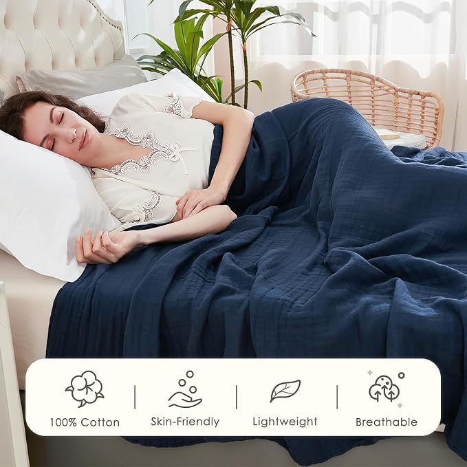 EMME Muslin Blanket 100% Cotton Throw Blankets for Couch 4-Layer Breathable Gauze Blanket All Season Soft and Lightweight Pre-Washed Cotton Blanket (Navy, 50"x71")