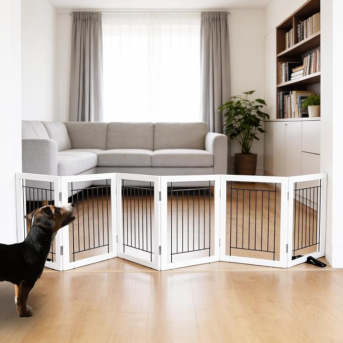 Dog Fence Indoor - 6-Panel Freestanding Dog Gate for Doorways, Hallways, House or Stairs -120x24-Inch Retractable Foldable Expandable Wood Pet by SFJC (White)