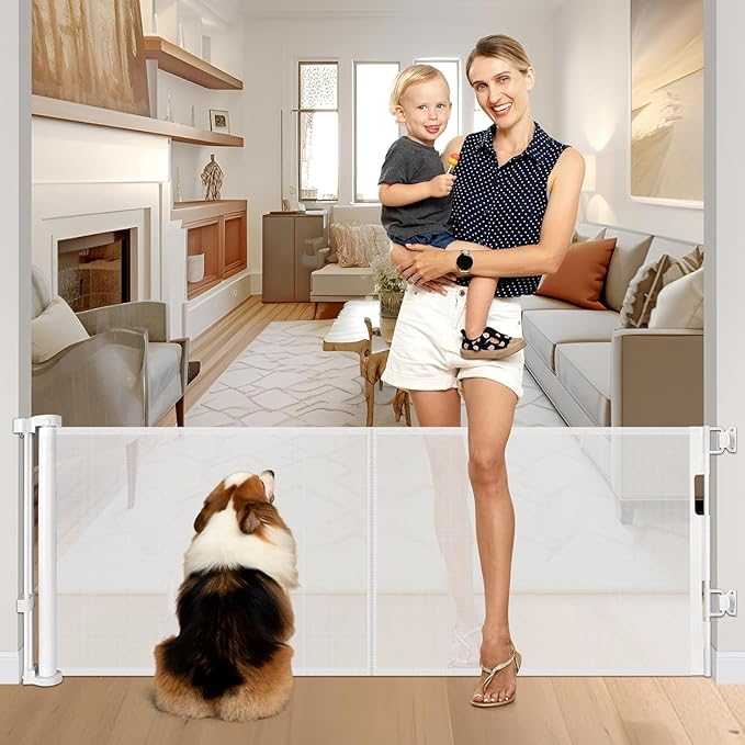 Reinforced 28 Inch Tall Retractable Baby Gates for Dogs, Easy Step Over Pet Gate with Support Rods, 55" Wide Retractable Dog Gate, Puppy Gates for The House Short Dog Gate for Stairs, Doorways, White