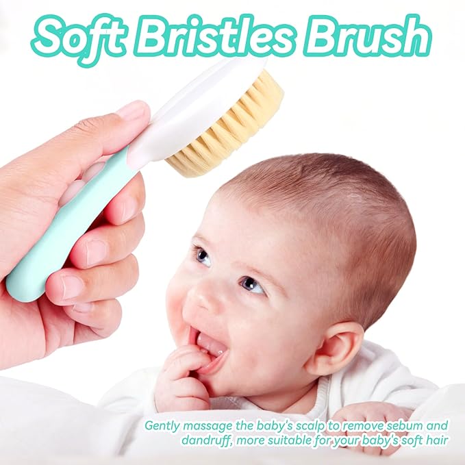 Baby Hair Brush and Comb Set, Soft Bristles Cradle Cap Brush for Newborns, Toddlers, Baby Registry Gift (Green)