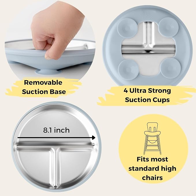 Stainless Steel Baby & Toddler Plate with Suction, Set of 2 Divided Plates with Removable Silicone Sleeves, Non Toxic BPA Free Non-Slip Unbreakable Kids Dishes (Butter Yellow & Baby Blue)