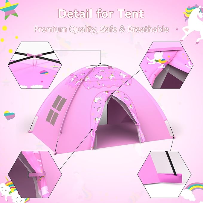 AFUNX Unicorn Play Tent for Girls Ages 4??, Extra Large Kids Indoor Play Tent 70" L x 45" W x 43" H, Lavender Pink Foldable Tent with Rainbow & Unicorn Print, Easy Setup, Fits 2?? Kids