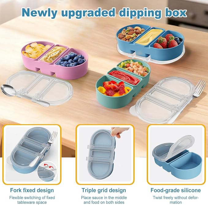 Silicone Snack Containers 3 Compartments Reusable Snackle Box with Lids Portable Food Storage for Picnic Lunch Office Gym School BPA-Free & Dishwasher Safe (Pink/Blue/Green)