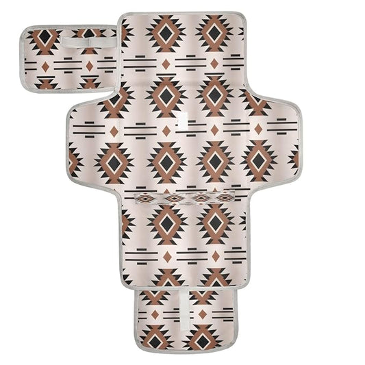 Western Aztec Geometric Baby Changing Pad - Waterproof Diaper Changing Pad with Built-in Pillow - Portable Travel Changing Mat for Newborn Girl & Boy