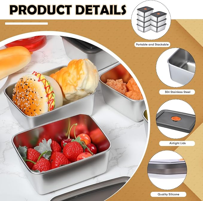 Layhit 10 Set Stainless Steel Food Containers with Lids Metal Marinating Snack Containers Box for Lunch, Leftovers, Dishwasher & Freezer Safe (18 oz)