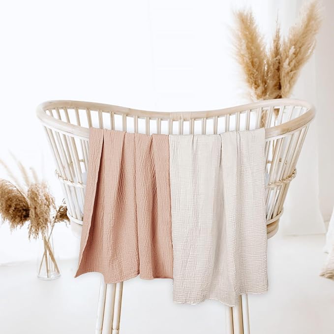 lulumoon Muslin Swaddle Blanket Baby - Cotton Swaddling Blanket Soft Baby Receiving Blankets Neutral 2Pack(Peach)