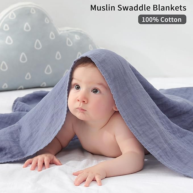 POMISO Muslin Swaddle Blankets for Boys & Girls, Newborn Receiving Blankets, 4 Pack Soft Breathable Baby Swaddles, Large 47x47 Inches, Grey Blue White Green