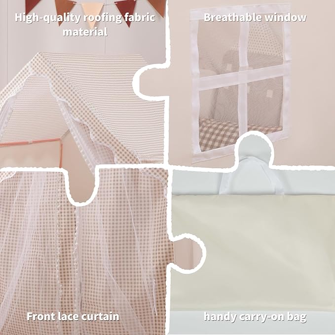 Kids Play Tent Children Tent with Star Lights & Mesh Curtains Indoor/Outdoor Playhouse for Boys and Girls Large Play Tent for Birthday Party & Secret Base Khaki
