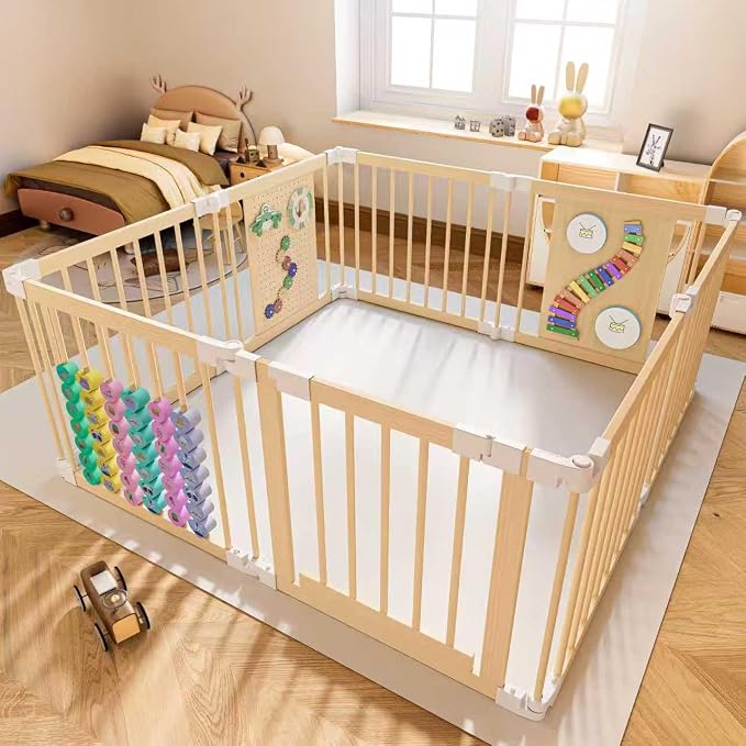 Baby Playpen - Adjustable Multi-Shape Wooden Play Yard, Portable Collapsible Activity Center with Baby Fence Play Area & Toys for Infants, Toddlers (57x57x24inch)
