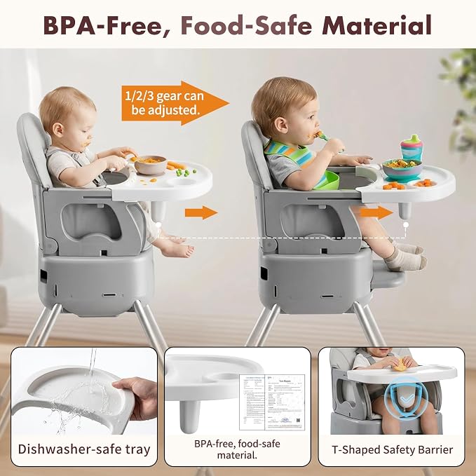 7 in 1 Convertible Baby HighChair for Babies and Toddlers,Adjustable Legs & Tray, Safe, Skin-Friendly Seat Cushion, Non-Slip & Stable, Supports up to 15kg Grey