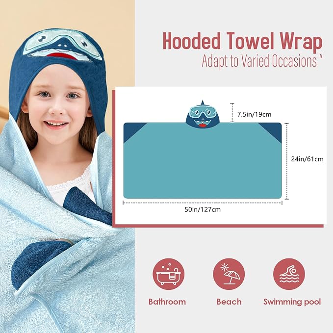 Style Quarters Bath Towel,Kids Hooded Bath Towel Blue Cotton 50x24 Inch - Baby Beach Pool Swim Towel with Hood for Boys and Girls, Absorbent Bath Wrap for Toddler