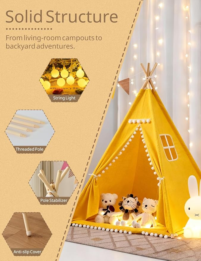 2 Pack Teepee Tent for Kids, Children Play Tents for Girls & Boys Slumber Party, Cotton Linen Playhouse Sleepover Tent with Pompom & Lights