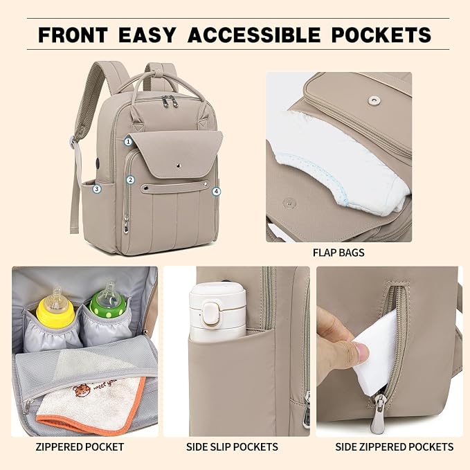 Baby Diaper Bag Backpack with Laptop Compartment 15.6 inch, Baby Essentials Travel Baby Bag Leather Backpack