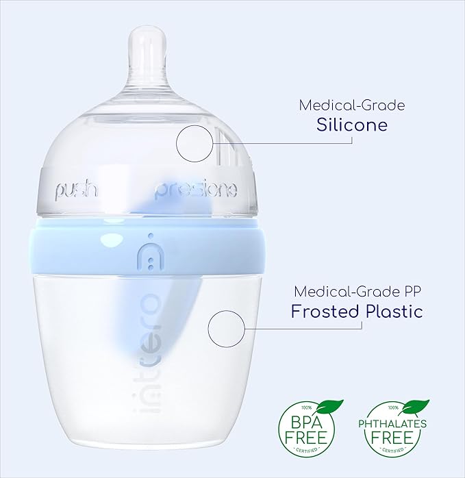 INTTERO Baby Bottles with Built-in Formula Dispenser, Anti-Colic Wide Neck Design for Newborn Feeding and Everyday Baby Essentials, 6 Oz Slow Flow (2 Pack), Modern Blue