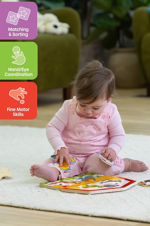 Jasey's Toy Chest Wooden Farm Easy-Grasp Peg Puzzle - 5-Piece Educational Toy Farm Animal Puzzle for Toddlers Ages 18+ Months